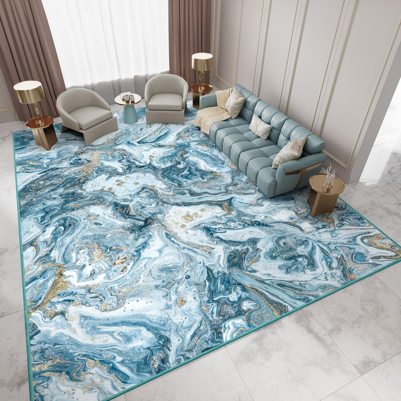 GEMBED Washable Area Rug - Blue & Gold, 8' x 10‘