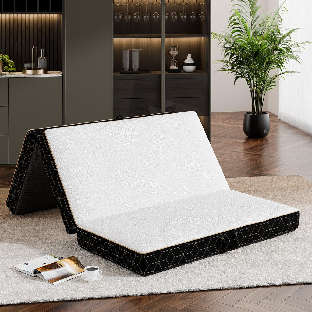 GEMBED Tri-Fold Memory Foam Mattress - 4 Inch Portable Folding Mattress with Handle & Washable Cover, Floor Bed with Non-Slip Base, Space-Saving for Room, Travel, Guest Bed, RV, 75"x25"x4"