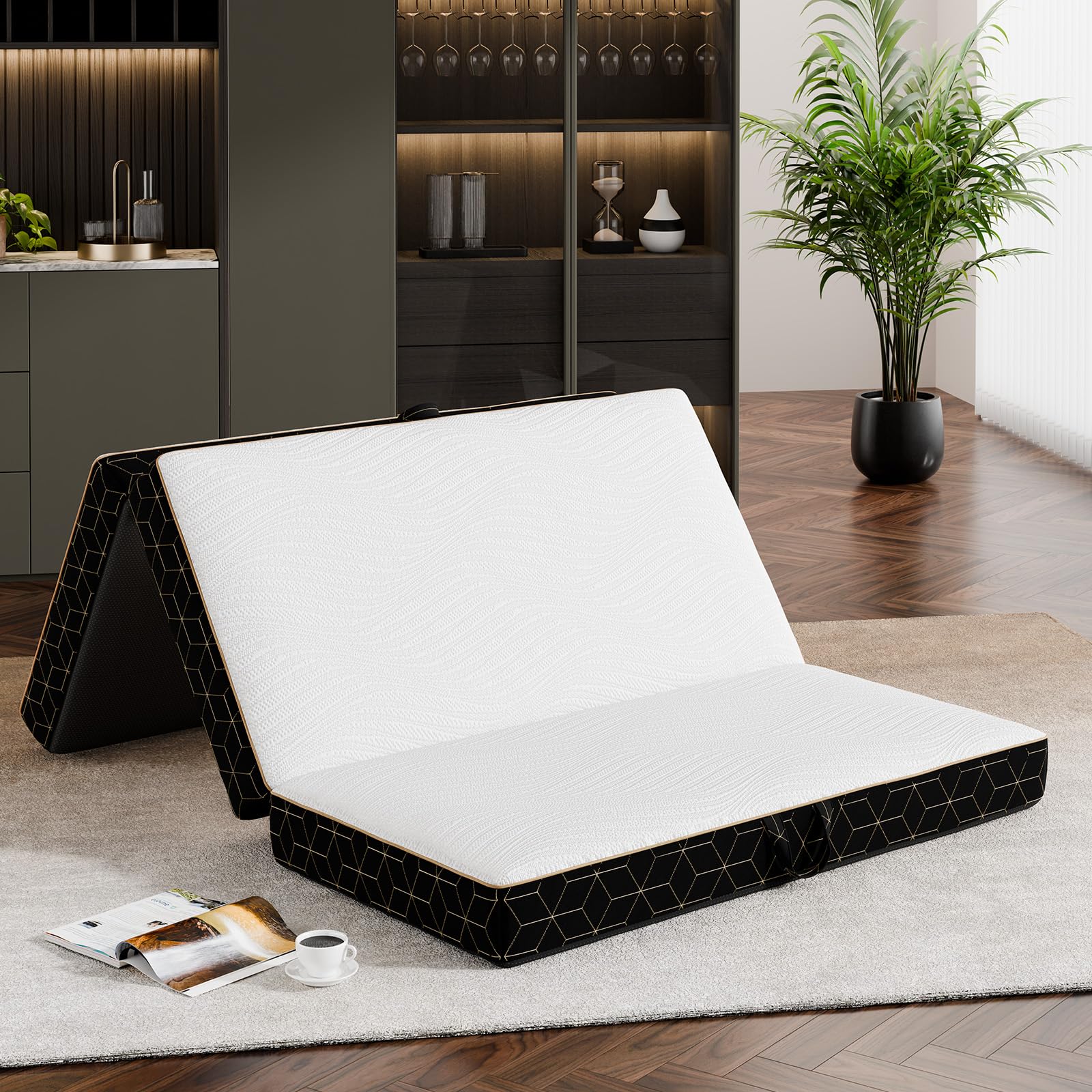 GEMBED Tri-Fold Memory Foam Mattress - 4 Inch Portable Folding Mattress with Handle & Washable Cover, Floor Bed with Non-Slip Base, Space-Saving for Room, Travel, Guest Bed, RV, 75"x25"x4"