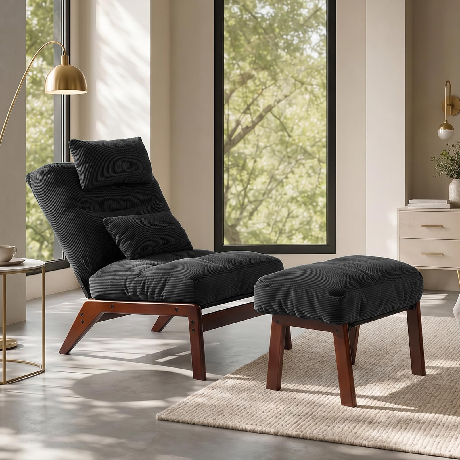 GEMBED Accent Chair with Ottoman Adjustable Backrest, Comfy Lounge Chair Single Sofa with Headrest Lumbar Pillow, Reading Chair with Footrest for Bedroom, Living Room, Garden, Dark Grey