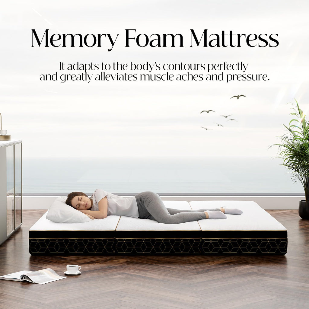 GEMBED Full Tri-Fold Memory Foam Mattress – 6” Portable Folding Floor Bed with Washable Cover, Non-Slip Base & Carry Handle for Guests, Travel & RV Use | 73” x 52” x 6”
