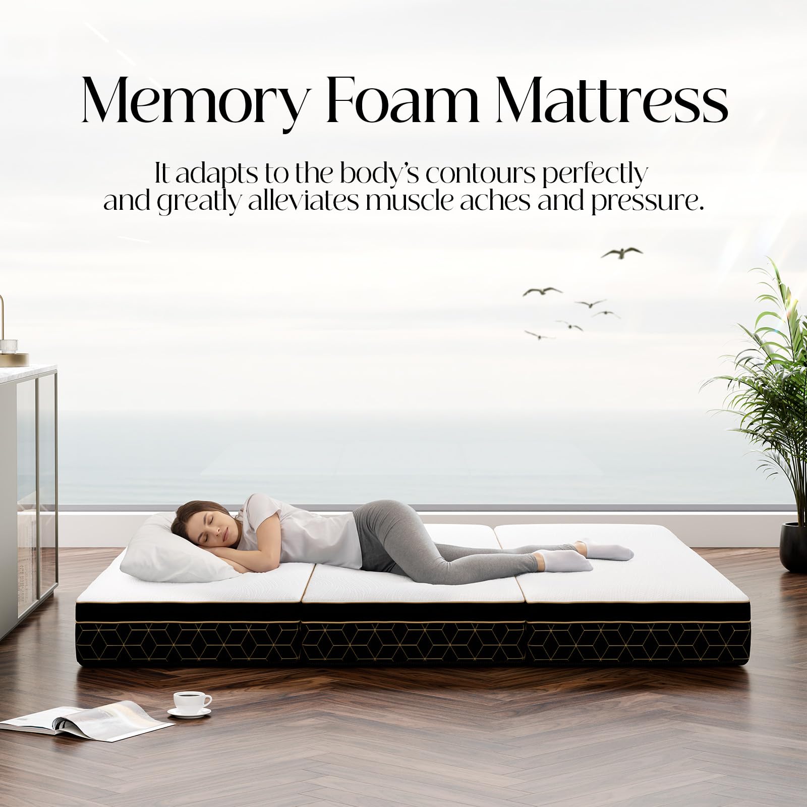 GEMBED Full Tri-Fold Memory Foam Mattress – 6” Portable Folding Floor Bed with Washable Cover, Non-Slip Base & Carry Handle for Guests, Travel & RV Use | 73” x 52” x 6”