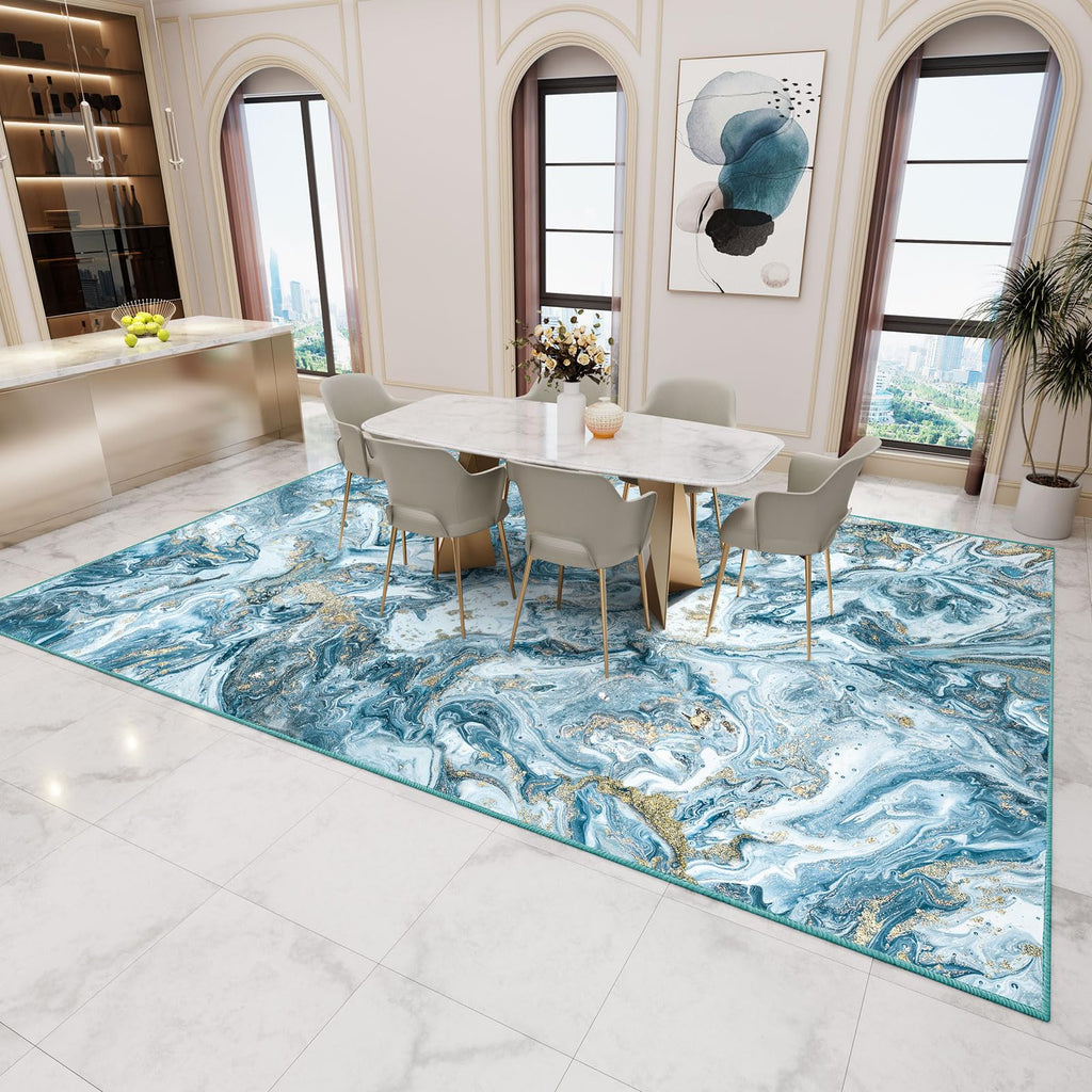 GEMBED Washable Area Rug - Blue & Gold, 8' x 10‘