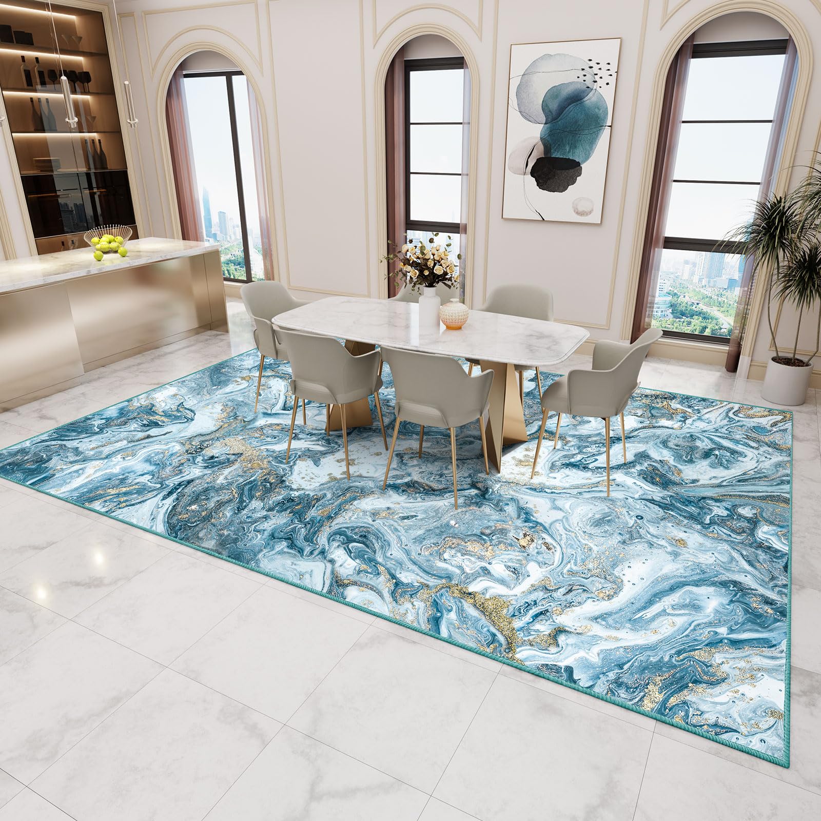 GEMBED Washable Area Rug - Blue & Gold, 8' x 10‘