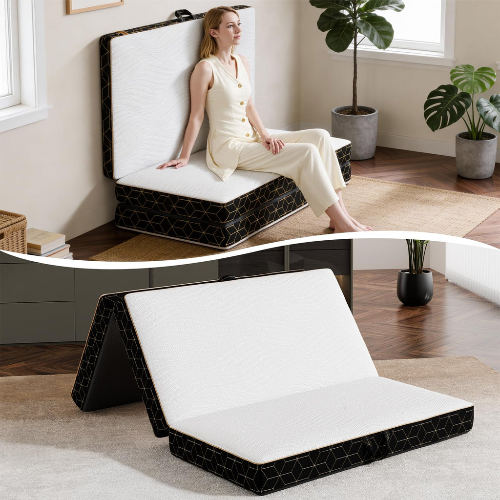 GEMBED Tri-Fold Memory Foam Mattress Full - 4 Inch Portable Folding Sofa Bed with Handle & Washable Cover, Floor Sofa Bed with Non-Slip Base, Space-Saving for Room, Travel, Guest Bed, RV, 73"x52"x4"
