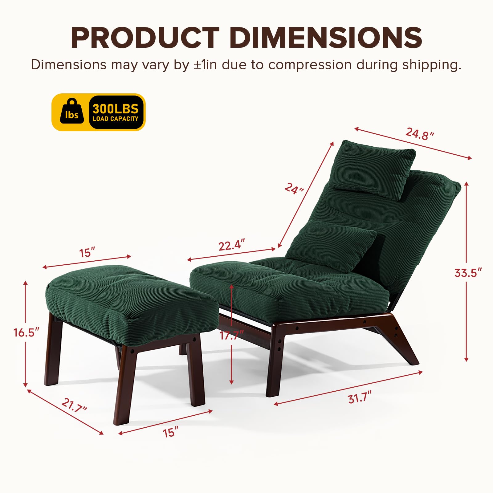 GEMBED Accent Chair with Ottoman Adjustable Backrest, Comfy Lounge Chair Single Sofa with Headrest Lumbar Pillow, Reading Chair with Footrest for Bedroom, Living Room, Garden, Green