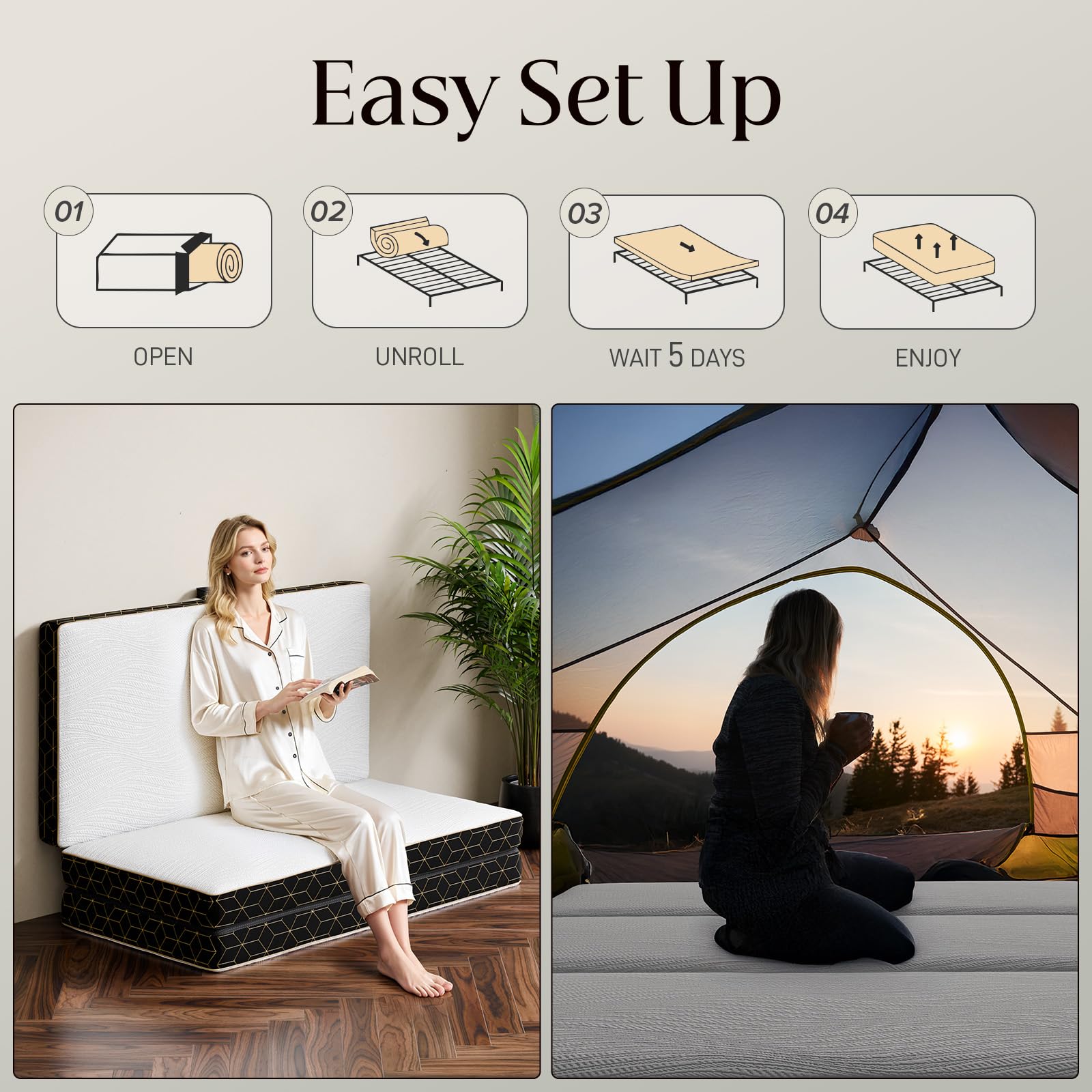 GEMBED Tri-Fold Memory Foam Mattress - 4 Inch Portable Folding Mattress with Handle & Washable Cover, Floor Bed with Non-Slip Base, Space-Saving for Room, Travel, Guest Bed, RV, 75"x25"x4"