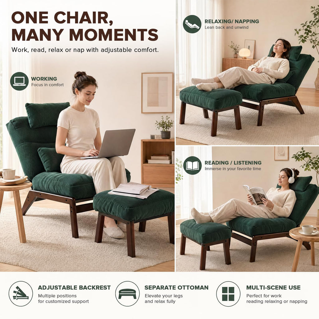 GEMBED Accent Chair with Ottoman Adjustable Backrest, Comfy Lounge Chair Single Sofa with Headrest Lumbar Pillow, Reading Chair with Footrest for Bedroom, Living Room, Garden, Green
