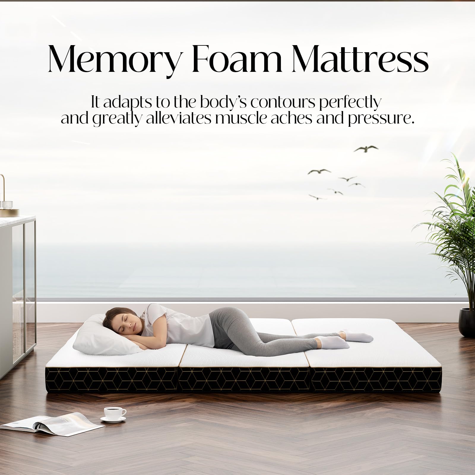 GEMBED Tri-Fold Memory Foam Mattress Twin - 6 Inch Portable Folding Mattress with Handle & Washable Cover, Floor Bed with Non-Slip Base, Space-Saving for Room, Travel, Guest Bed, RV, 75"x38"x6"