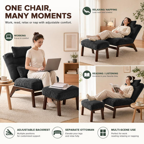 GEMBED Accent Chair with Ottoman Adjustable Backrest, Comfy Lounge Chair Single Sofa with Headrest Lumbar Pillow, Reading Chair with Footrest for Bedroom, Living Room, Garden, Dark Grey