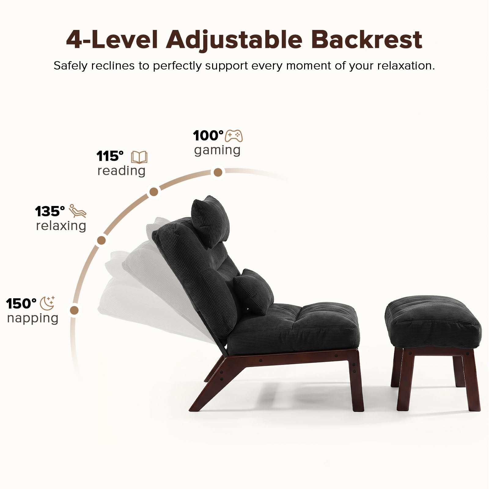 GEMBED Accent Chair with Ottoman Adjustable Backrest, Comfy Lounge Chair Single Sofa with Headrest Lumbar Pillow, Reading Chair with Footrest for Bedroom, Living Room, Garden, Dark Grey