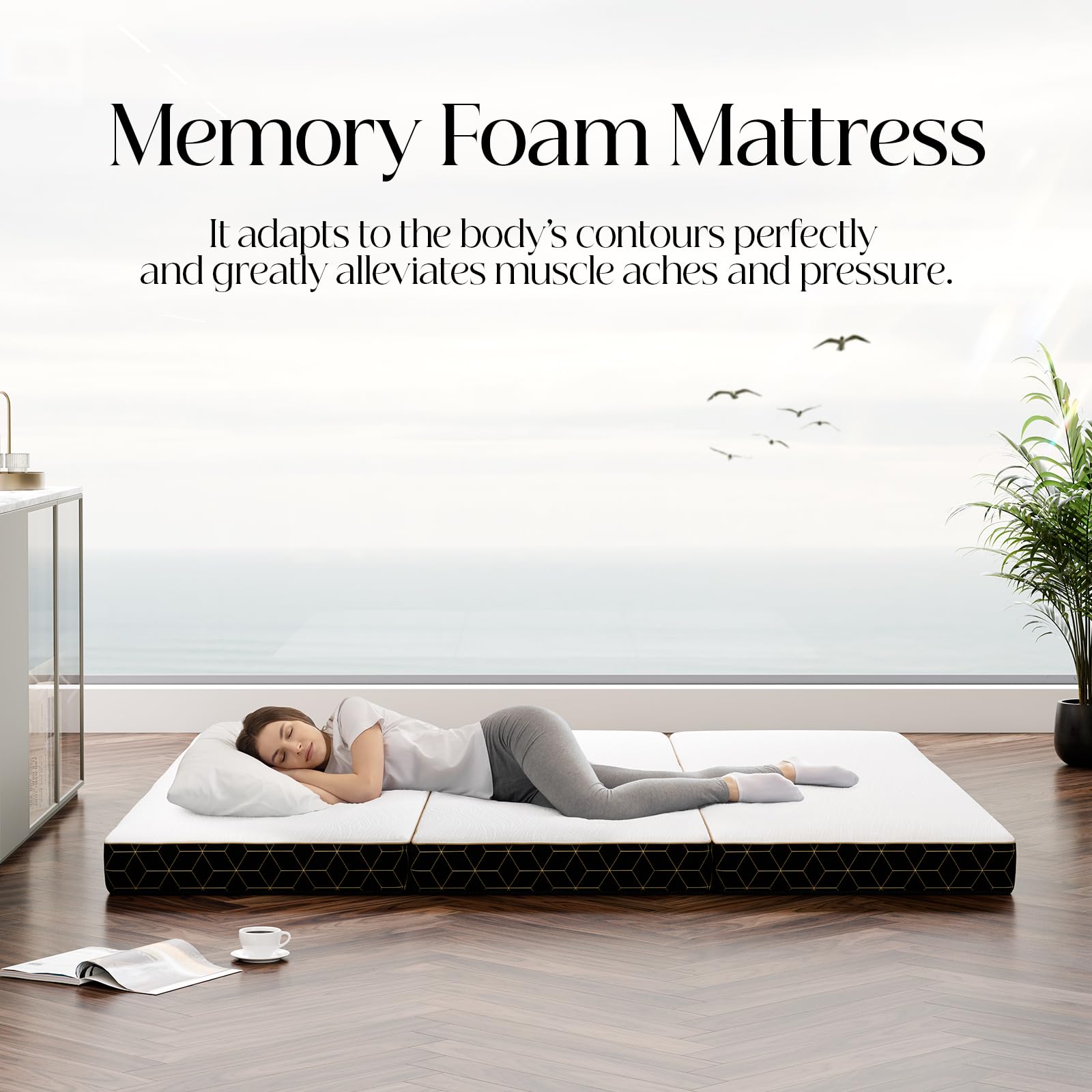 GEMBED Tri-Fold Memory Foam Mattress Full - 4 Inch Portable Folding Sofa Bed with Handle & Washable Cover, Floor Sofa Bed with Non-Slip Base, Space-Saving for Room, Travel, Guest Bed, RV, 73"x52"x4"