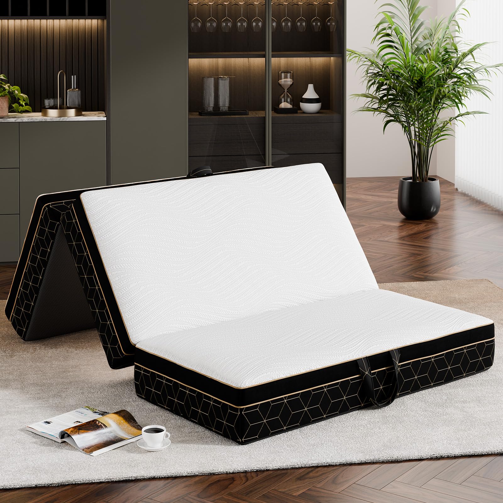 GEMBED Tri-Fold Memory Foam Mattress Twin - 6 Inch Portable Folding Mattress with Handle & Washable Cover, Floor Bed with Non-Slip Base, Space-Saving for Room, Travel, Guest Bed, RV, 75"x38"x6"