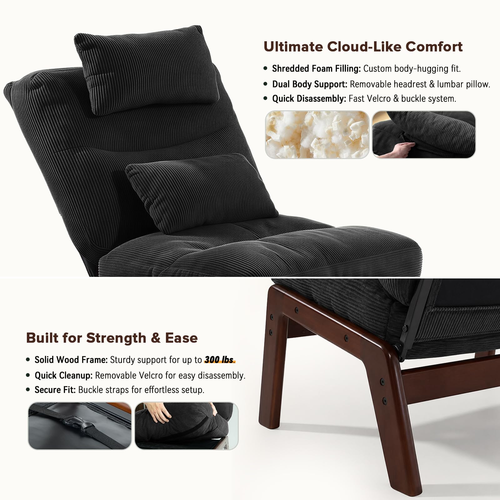 GEMBED Accent Chair with Ottoman Adjustable Backrest, Comfy Lounge Chair Single Sofa with Headrest Lumbar Pillow, Reading Chair with Footrest for Bedroom, Living Room, Garden, Dark Grey