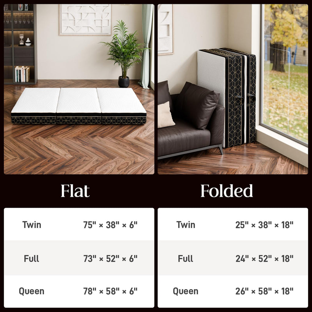 GEMBED Full Tri-Fold Memory Foam Mattress – 6” Portable Folding Floor Bed with Washable Cover, Non-Slip Base & Carry Handle for Guests, Travel & RV Use | 73” x 52” x 6”