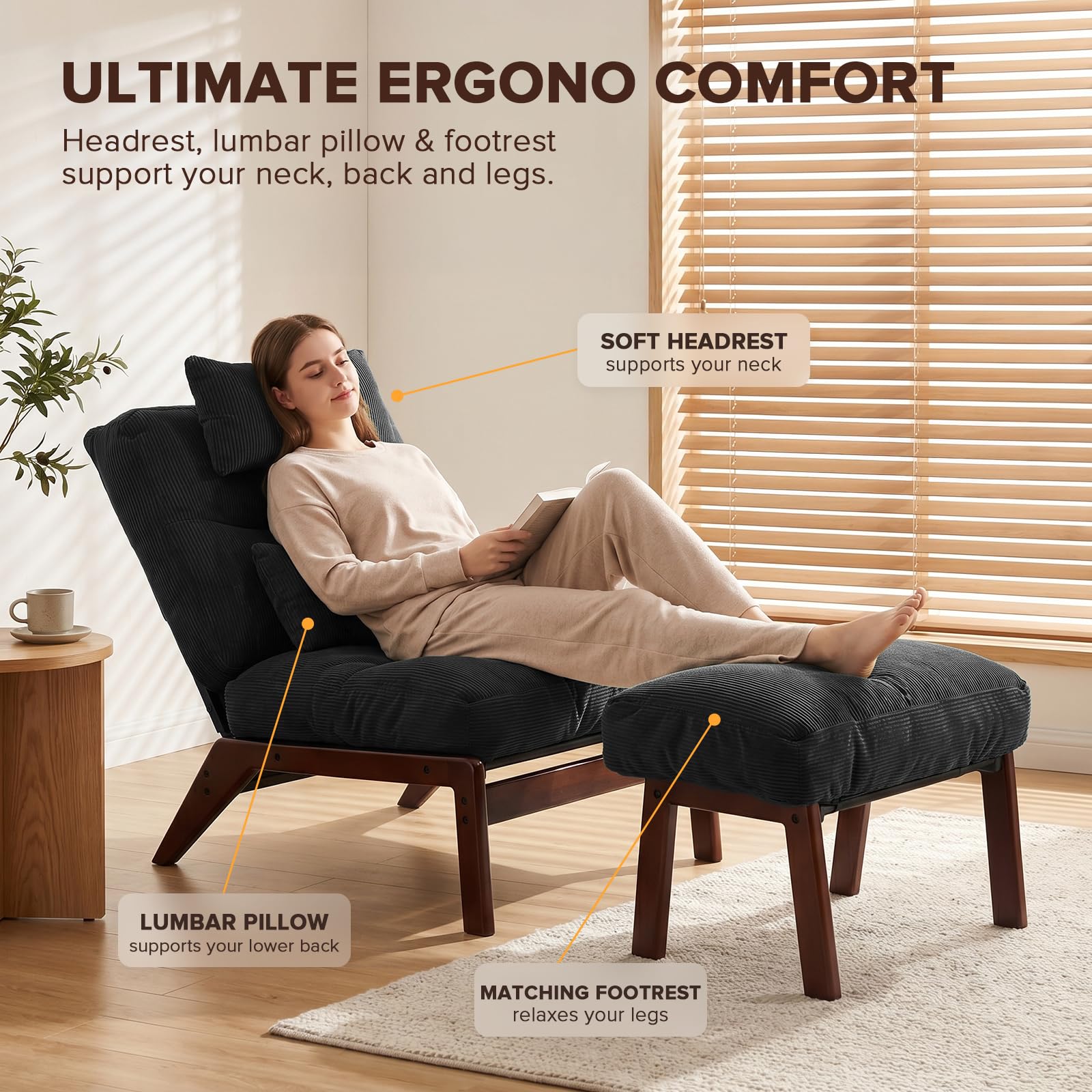 GEMBED Accent Chair with Ottoman Adjustable Backrest, Comfy Lounge Chair Single Sofa with Headrest Lumbar Pillow, Reading Chair with Footrest for Bedroom, Living Room, Garden, Dark Grey