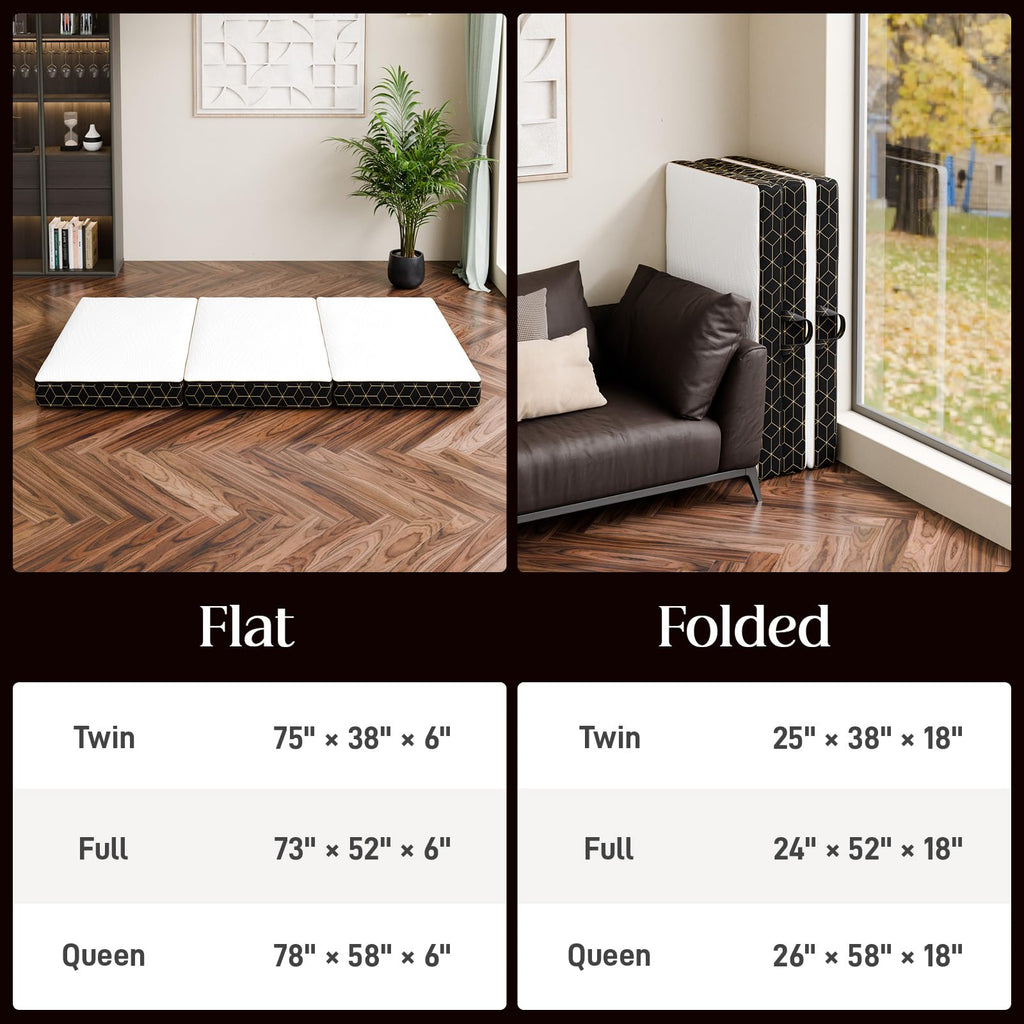 GEMBED Tri-Fold Memory Foam Mattress - 4 Inch Portable Folding Mattress with Handle & Washable Cover, Floor Bed with Non-Slip Base, Space-Saving for Room, Travel, Guest Bed, RV, 75"x25"x4"