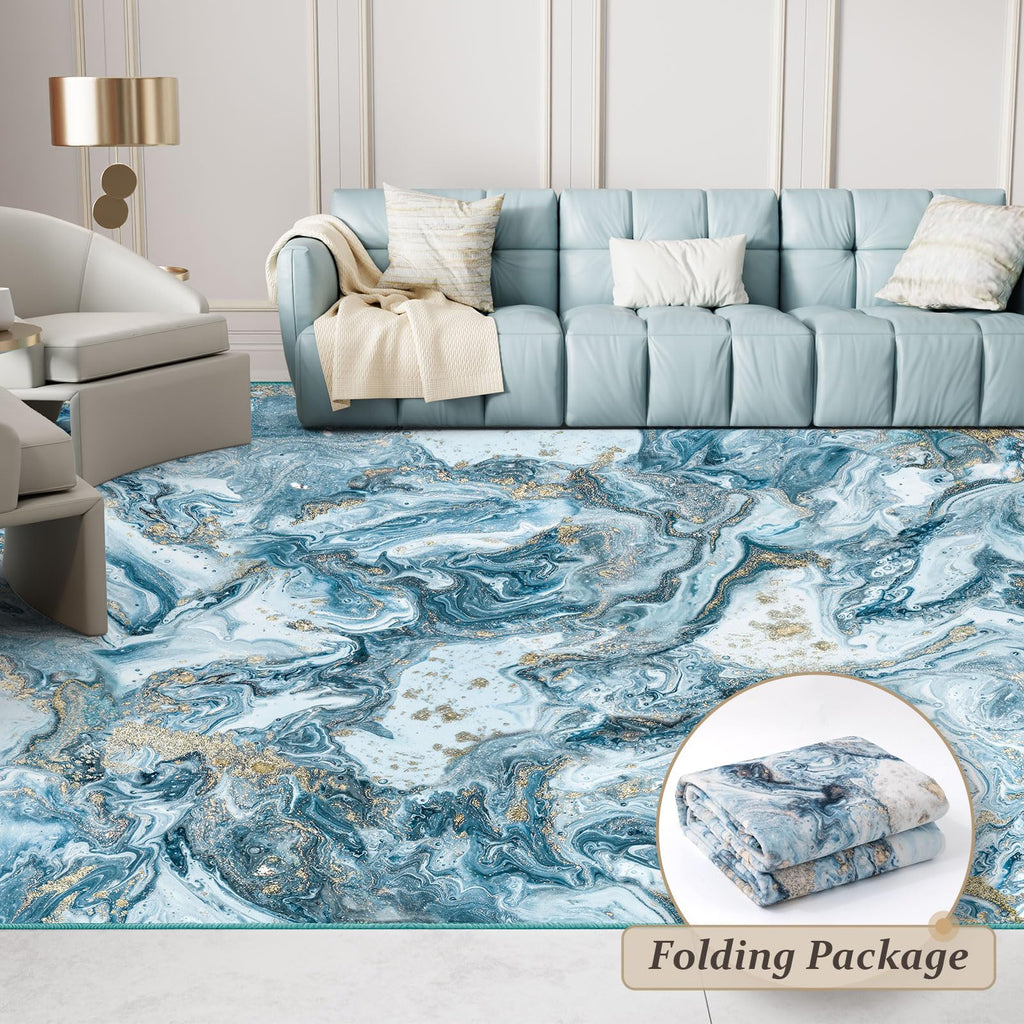 GEMBED Washable Area Rug - Blue & Gold, 8' x 10‘