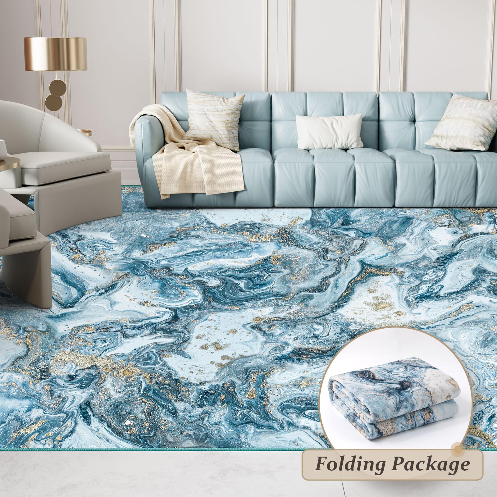 GEMBED Washable Area Rug - Blue & Gold, 8' x 10‘