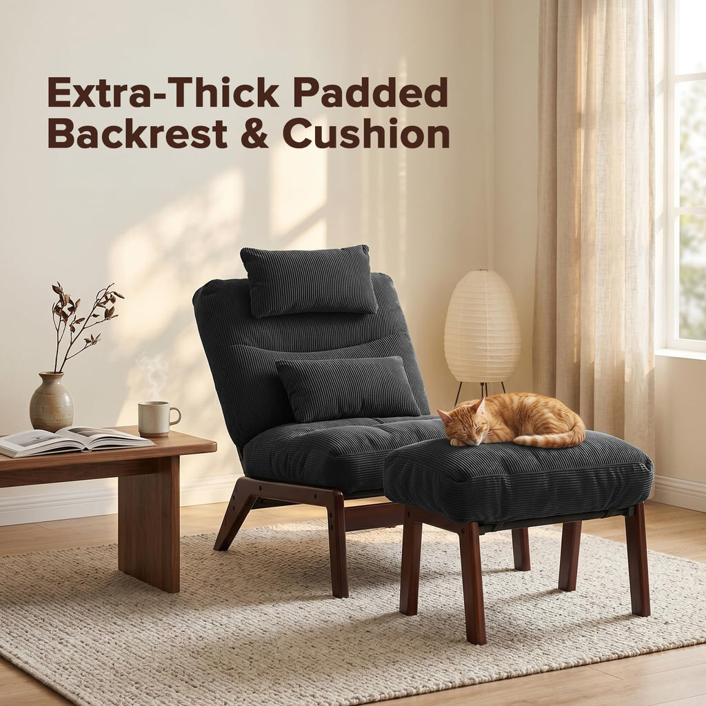 GEMBED Accent Chair with Ottoman Adjustable Backrest, Comfy Lounge Chair Single Sofa with Headrest Lumbar Pillow, Reading Chair with Footrest for Bedroom, Living Room, Garden, Dark Grey